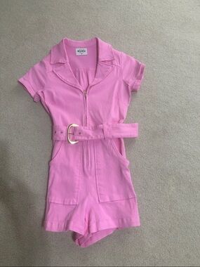Show Me Your MuMu Pink Short Sleeve Belted One-Piece Romper
